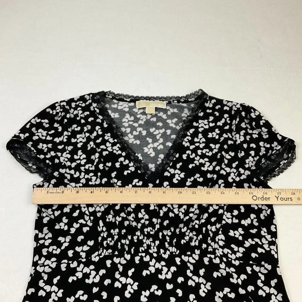 Michael Kors Womens Lace Blouse Black White Stretch Short Sleeve Shirt M Medium